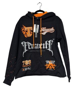 Tenaciti NWT Black Orange Thick Hoodie Men Size M Paint Splatter Streetwear